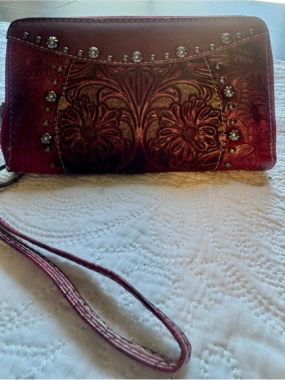 Montana West Embossed Floral Wristlet in Deep Burgundy